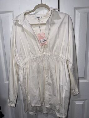 Missguided Cream High-Low Shirt Dress with Gathered Waist